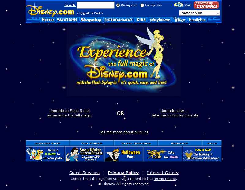A screenshot of disney.com in 2006. The webpage has a dark space blue background and starts, the navigation is a artistic representation of the famous Disney World monorail train, each train car is a link to a section of the website.